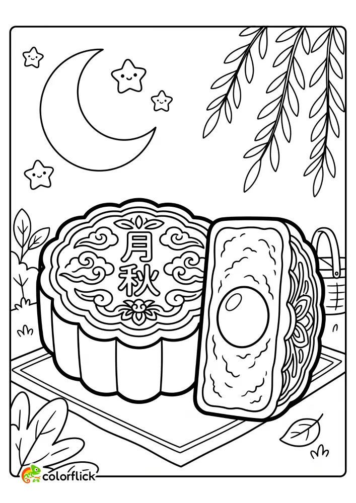 A delightful printable coloring page for kids showing two detailed Mid-Autumn mooncakes, one whole with patterns and text, and one sliced in half to reveal a salted egg yolk center, on a picnic tray with a crescent moon and stars.