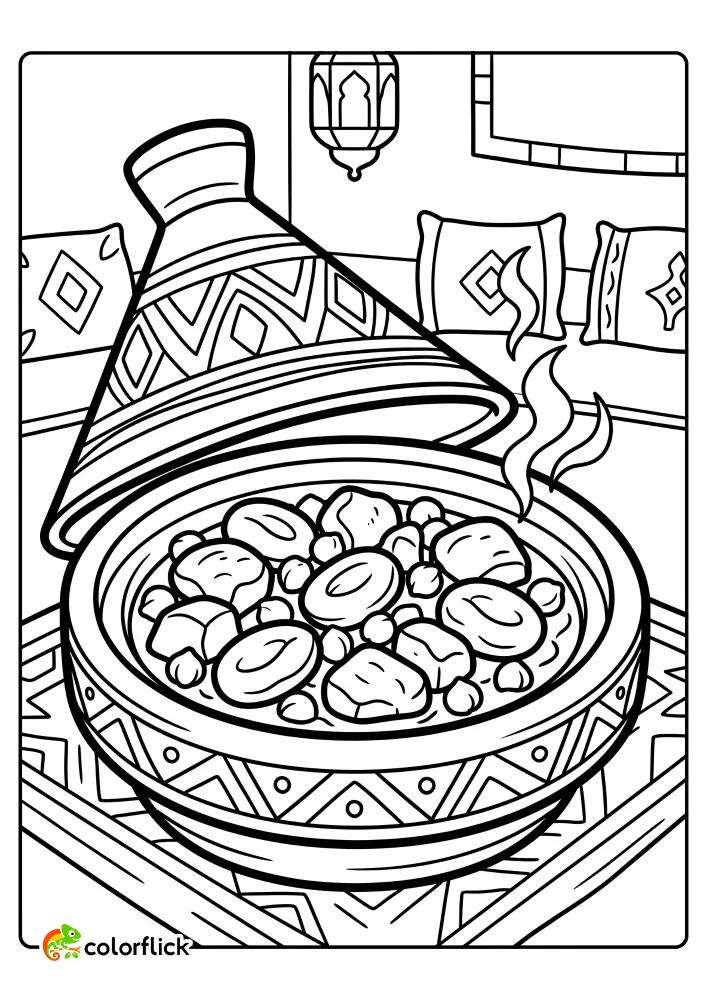 A cute Moroccan tagine pot with steaming meat and apricot stew, printable coloring page for kids.