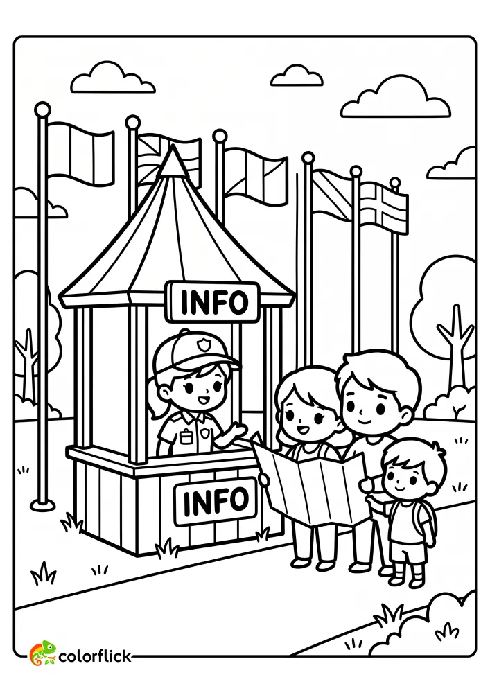 Cute family asking a friendly park ranger at an information booth for directions while holding a map in a park, free printable coloring page for kids.