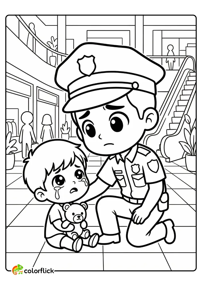 A police officer kneeling in a mall to console a crying young child with a teddy bear, printable coloring page for kids.