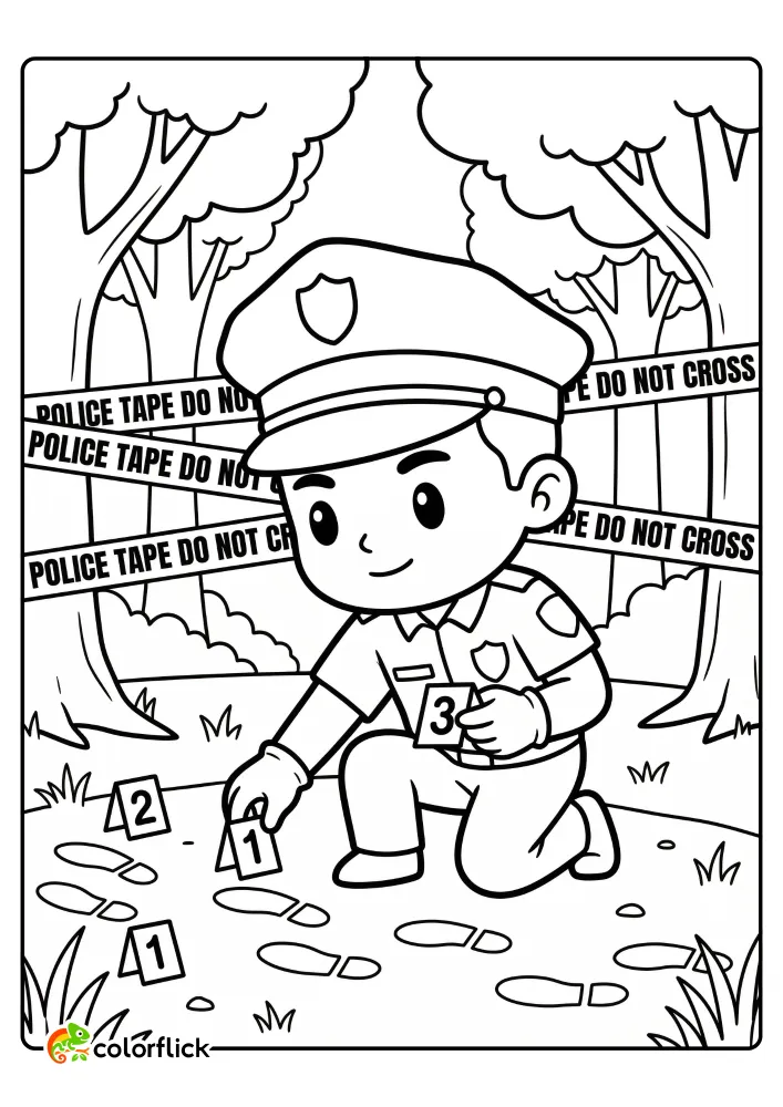 A police officer kneeling in a forest, marking footprints with numbered evidence cards behind 'Police Tape Do Not Cross' tape; printable coloring page for kids.