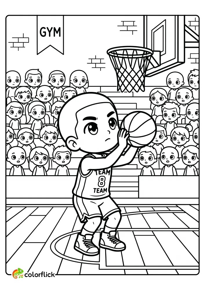 A cute basketball player is captured mid-shot, taking a free throw on a full gym court. Perfect for little fans, this printable coloring page for kids shows the crowd frozen in breathless anticipation behind him.