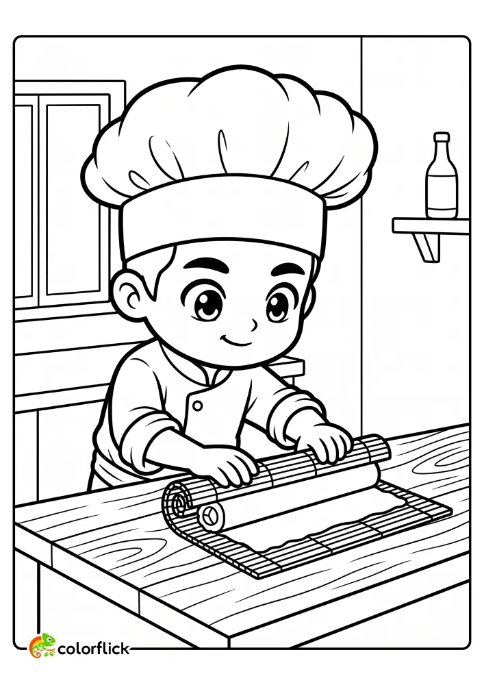 A cute male chef with a large hat carefully rolling a sushi roll using a bamboo mat on a wooden counter, a printable coloring page for kids.