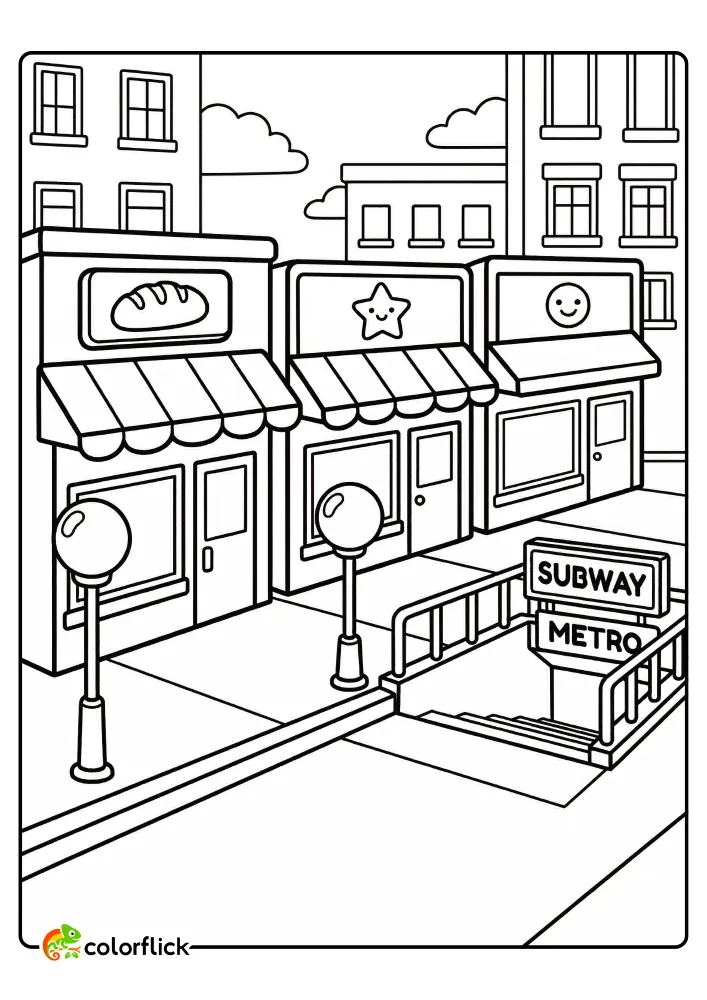 A detailed yet simple city street scene with a bakery, star shop, smiley-face shop, street lamps, and a subway/metro entrance with stairs, printable coloring page for kids.