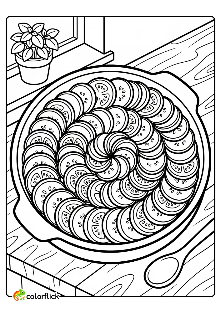 A beautifully detailed printable coloring page for kids showing a traditional French Ratatouille with spiraled, sliced vegetables in a round baking dish.