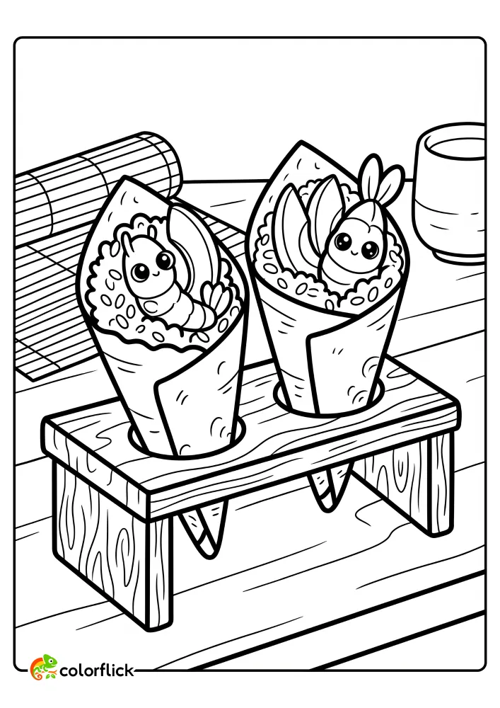 Two smiling Japanese sushi hand rolls (Temaki) with shrimp and avocado standing in a wooden holder, free printable coloring sheet for kids to color.