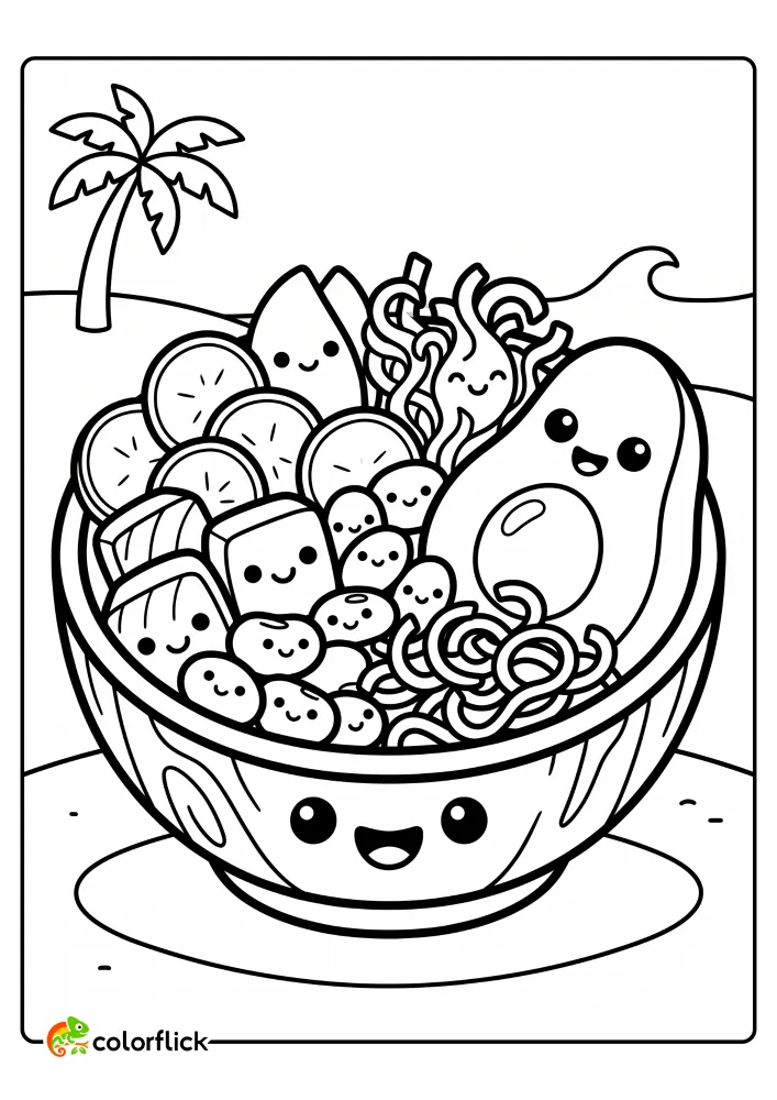 A smiling Chibi Hawaiian poke bowl filled with cute avocado, fish cubes, and edamame on a beach, printable coloring page for kids.