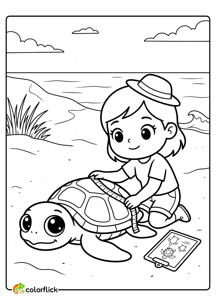 A printable coloring page for kids showing a cute female marine biologist researcher gently measuring a sea turtle's shell with a tape on a beach next to a clipboard.