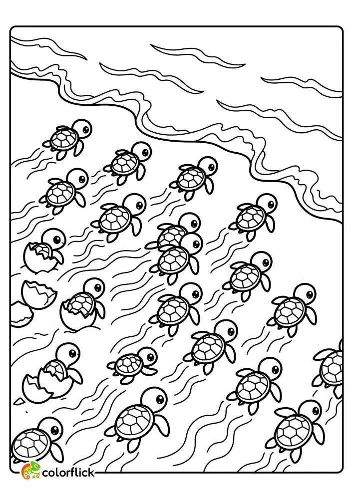 Easy printable coloring page for kids showing dozens of tiny baby sea turtles crawling from cracked eggs on a beach toward ocean waves.