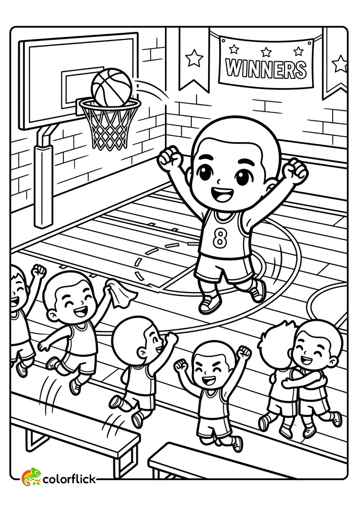 A cute basketball player with arms raised triumphantly after making a winning shot while teammates leap for joy on the court, perfect for a printable coloring page for kids.