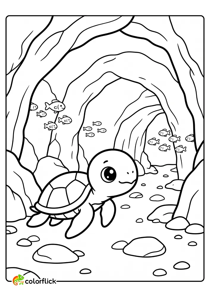A cute sea turtle swims and explores a large underwater cave with rocky arches and schools of small fish, a printable coloring page for kids.