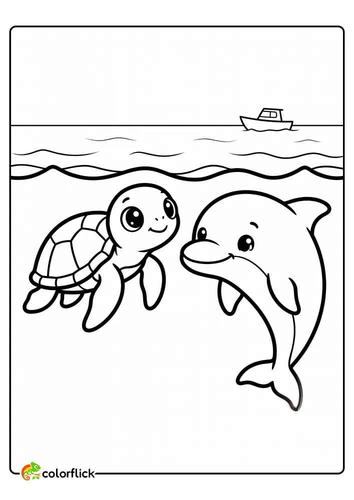 A printable coloring page for kids showing a friendly sea turtle and a happy dolphin swimming together with a boat in the background.