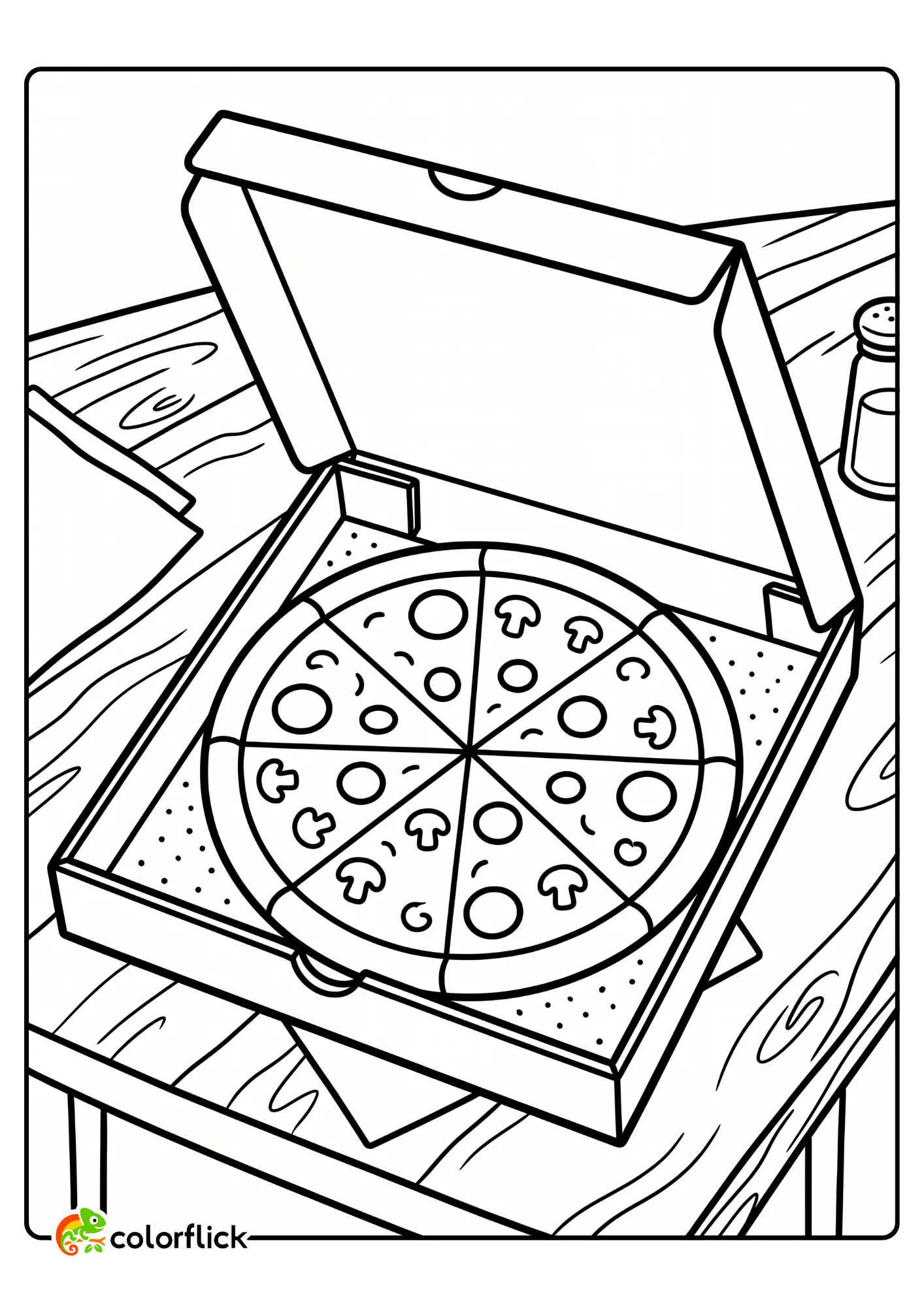 A simple line-art printable coloring page for kids showing a delicious pizza sliced into eight pieces inside an open cardboard delivery box on a table.