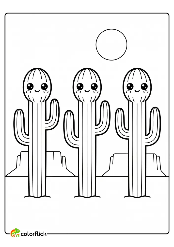 A simple printable coloring page for kids featuring three smiling saguaro cacti with two arms each standing in a desert landscape with two mesas and a sun in the background.
