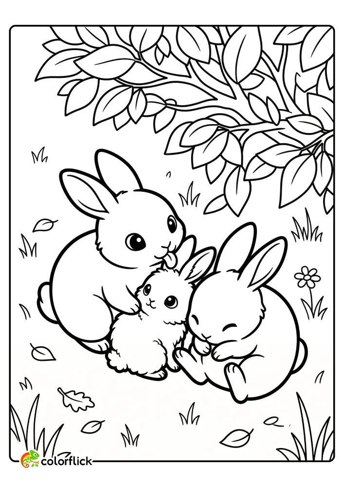 A free printable coloring sheet featuring a parent rabbit gently grooming its baby rabbit while another rests nearby under a shady tree.
