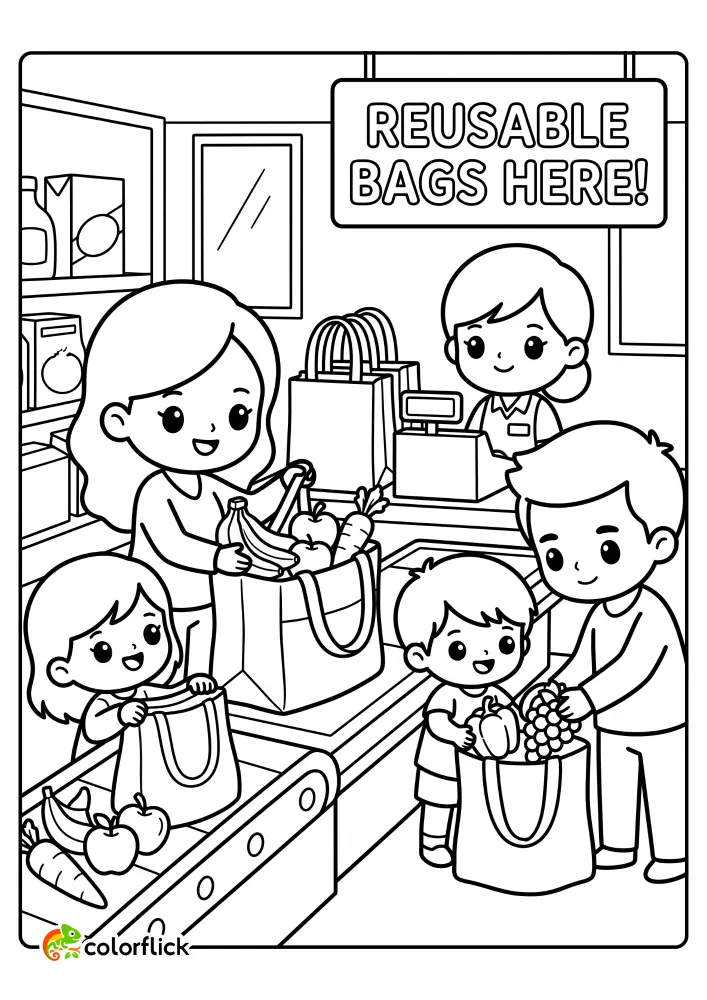 A printable coloring page for kids showing a smiling family using cloth tote bags to pack their fruits and vegetables at a grocery store checkout, teaching eco-friendly habits.