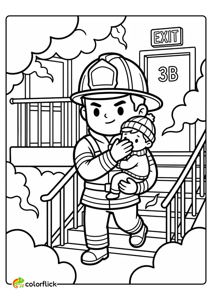 A brave firefighter in full gear carefully carries a cute baby in his arms down the stairs of an apartment building, with smoke clouds around them. Printable coloring page for kids.