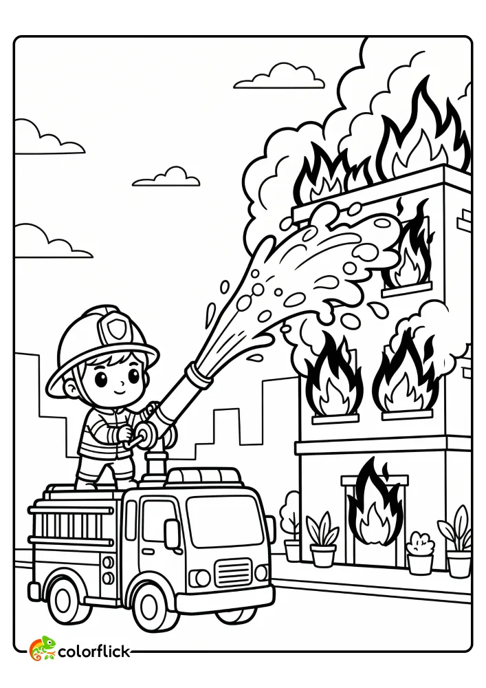 Cute child firefighter spraying water from a truck at a blazing building printable coloring page for kids.