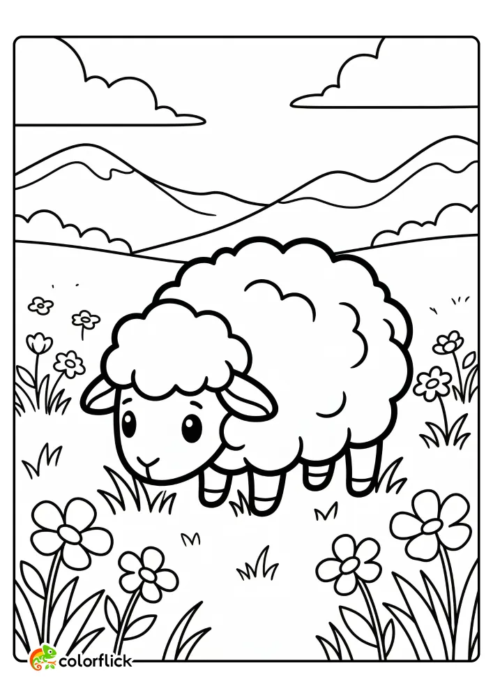 A cute and fluffy sheep standing peacefully in a meadow of wildflowers with distant hills in the background, making a simple and printable coloring page for kids.