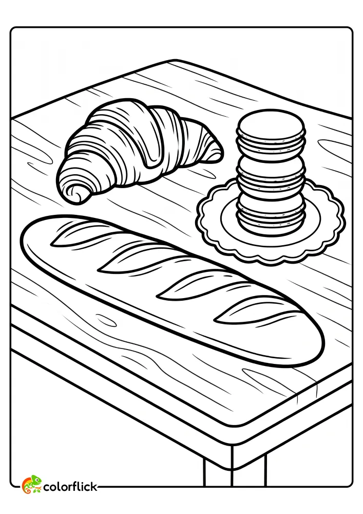 A detailed line-art printable coloring page for kids showing a delicious croissant, a stack of three macarons, and a baguette on a wooden table.