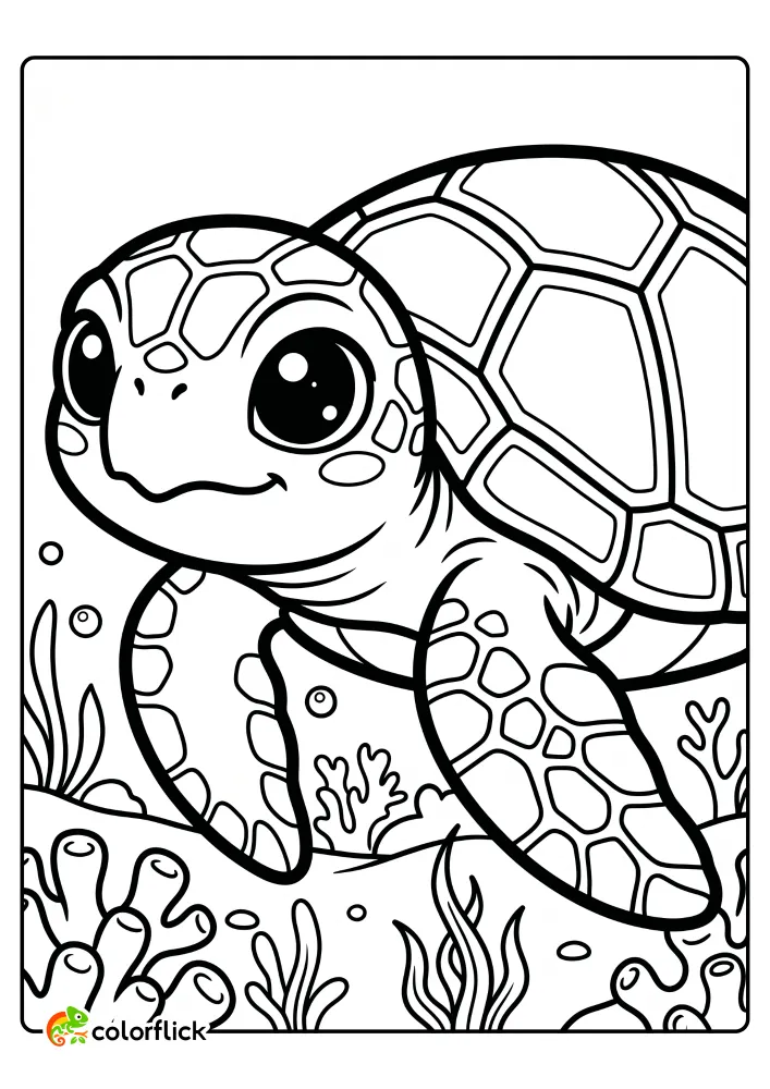 A printable coloring page for kids featuring a close-up view of a cute sea turtle's geometric pattern shell and flippers with large expressive eyes.