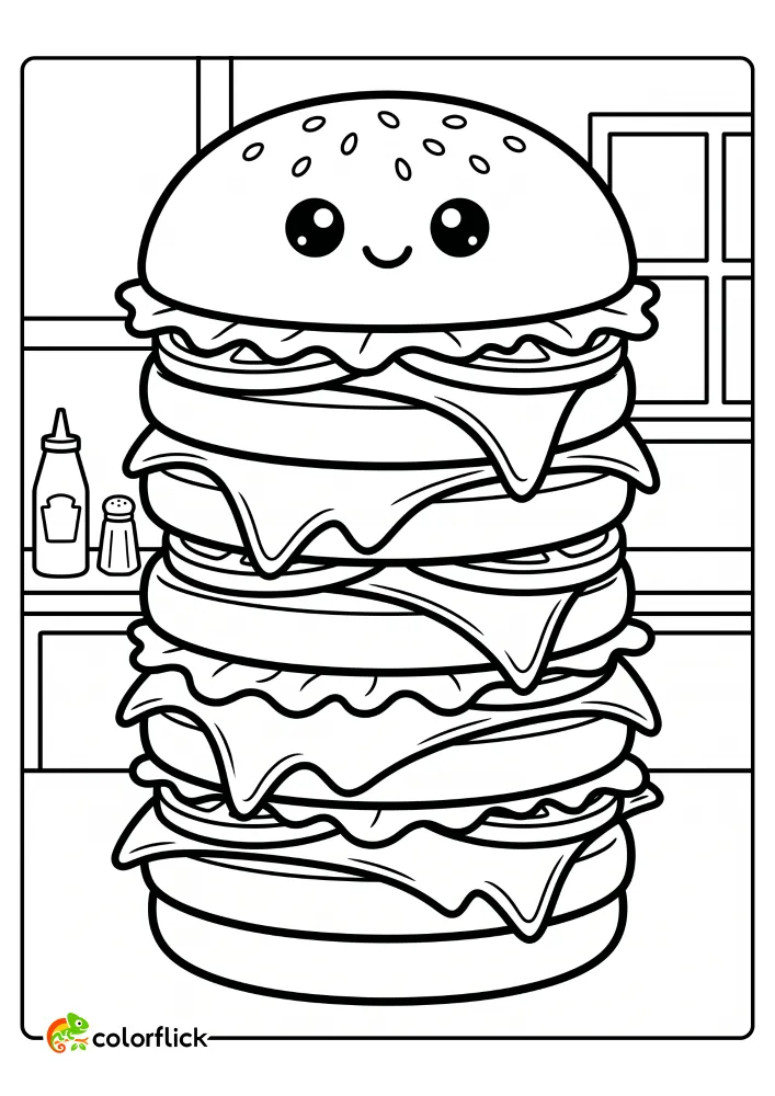 A giant printable coloring page for kids featuring a massive stacked burger with multiple patties and cheese in a kitchen setting.