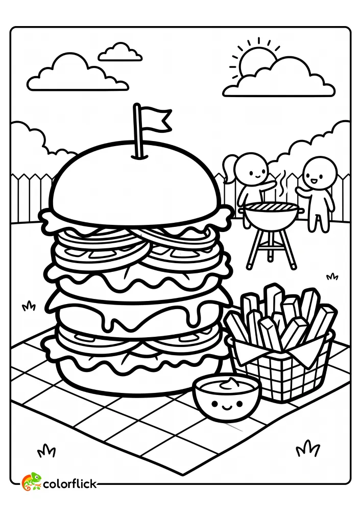 Giant towering hamburger with a basket of fries at a backyard barbecue printable coloring page for kids.