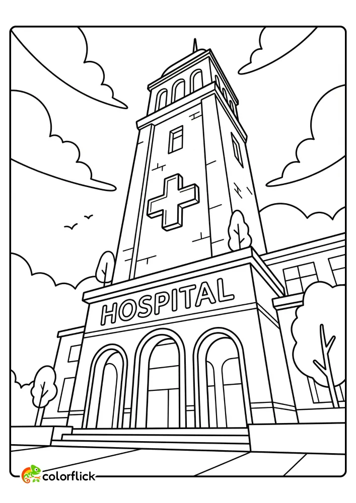 A grand entrance of a hospital building with a tall tower and a cross medical symbol, for kids.