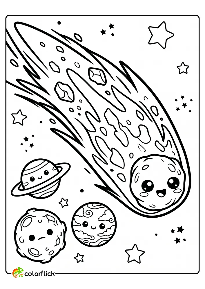 A happy Chibi comet with a fiery tail streaks past three cute planets in space on this printable coloring page for kids.