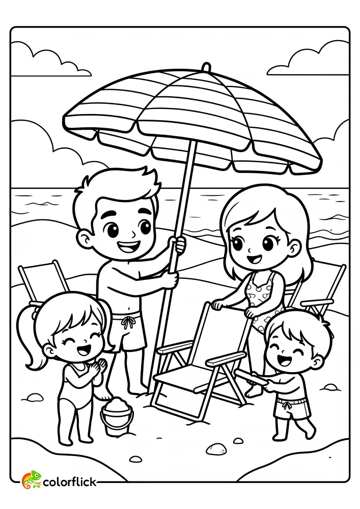 Happy family setting up a striped beach umbrella and chairs on a sandy shore printable coloring page for kids