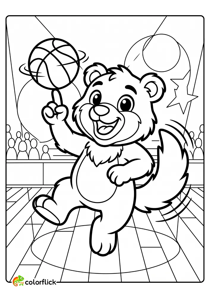 Cute, happy furry animal team mascot dancing on a basketball court and spinning a basketball on its finger. Printable coloring page for kids.
