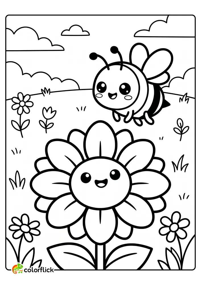 A cute honeybee with big eyes hovering above a large, smiling sunflower in a simple meadow, a printable coloring page for kids.