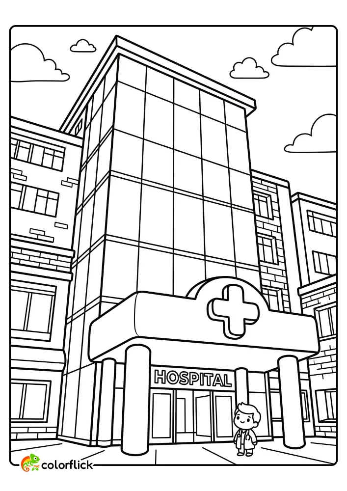 A printable coloring page for kids showing a detailed exterior view of a large hospital with a grand multi-story glass atrium and a prominent entrance canopy featuring a cross logo.