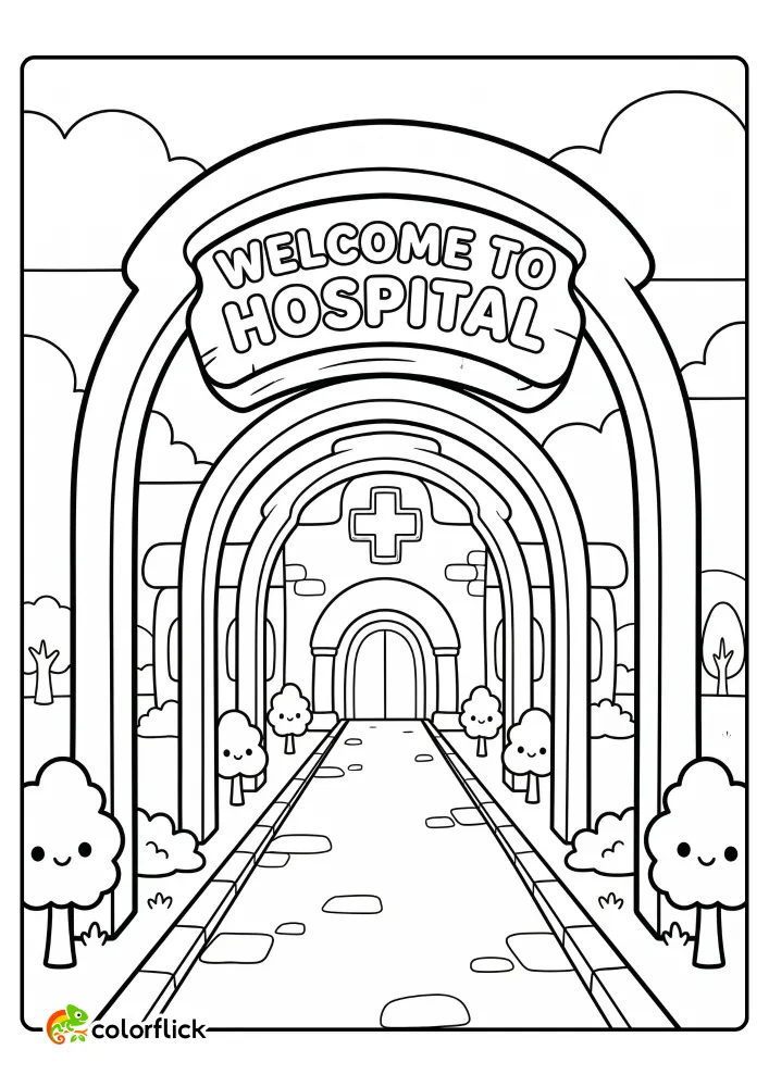 Cute Chibi style hospital entrance with stone path through grand arches and a sign that reads Welcome to Hospital printable coloring page for kids.