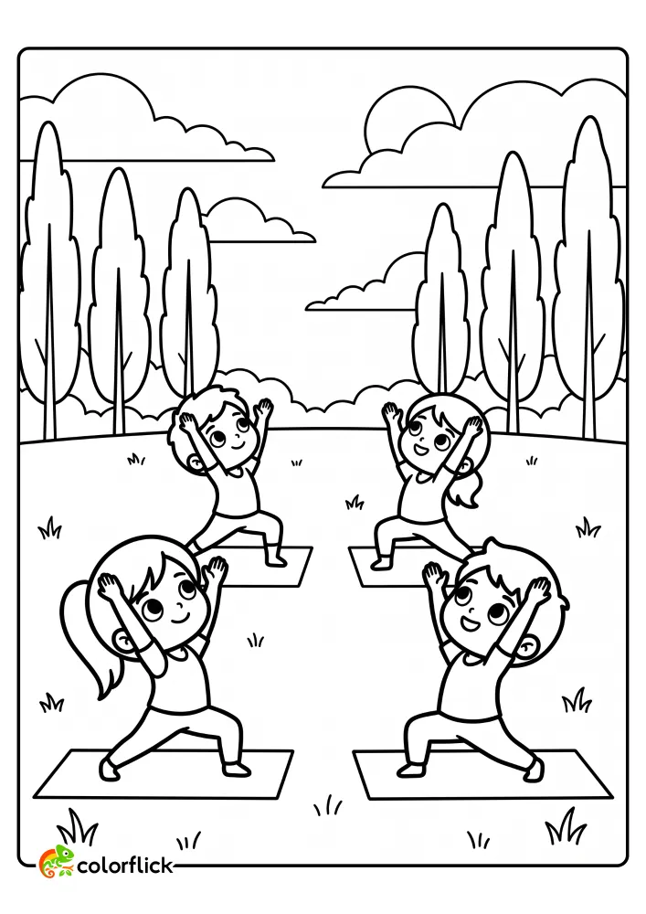 Four happy children practicing the Warrior I yoga pose on mats in a sunny park with tall trees and clouds, a printable coloring page for kids.