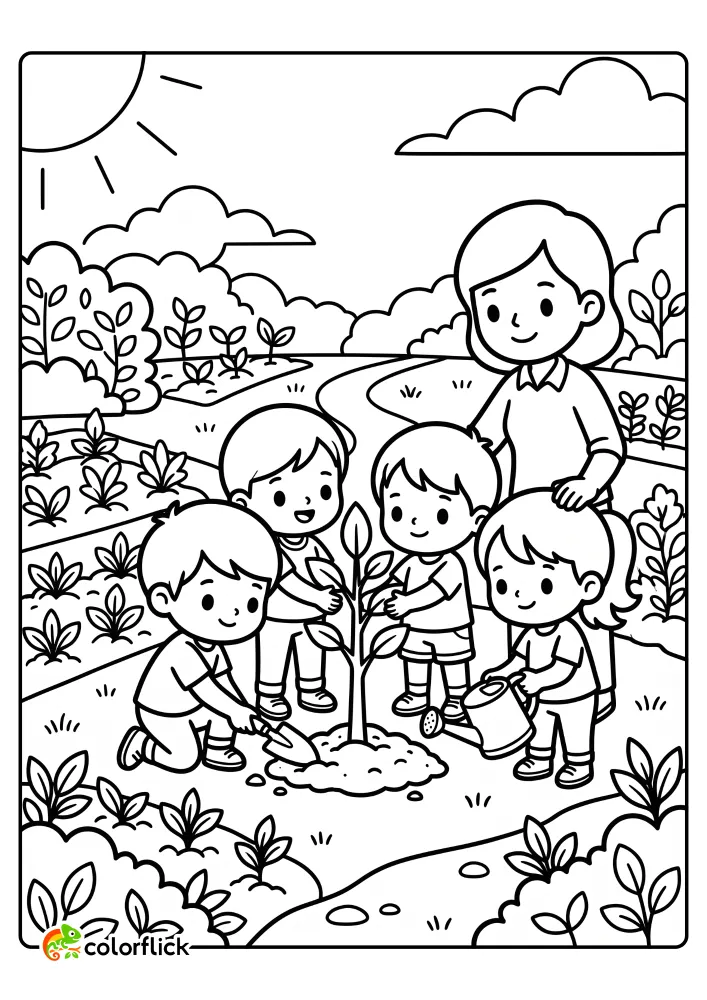 A group of children and an adult plant a small tree together in a sunny community garden in this printable coloring page for kids.
