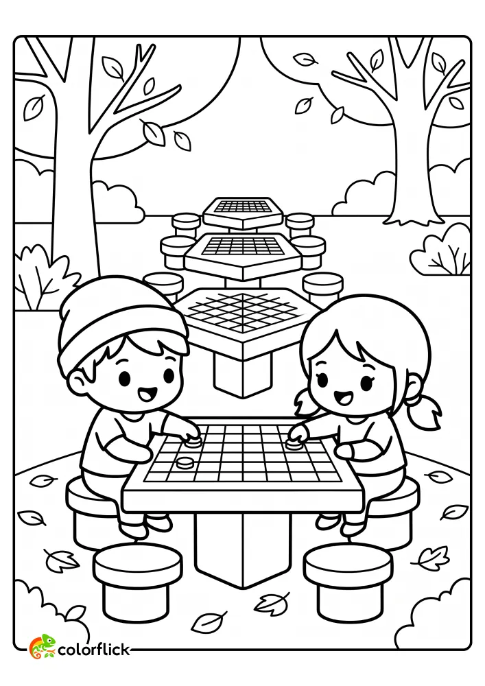 Two cute kids playing a board game at park tables, printable coloring page for kids.