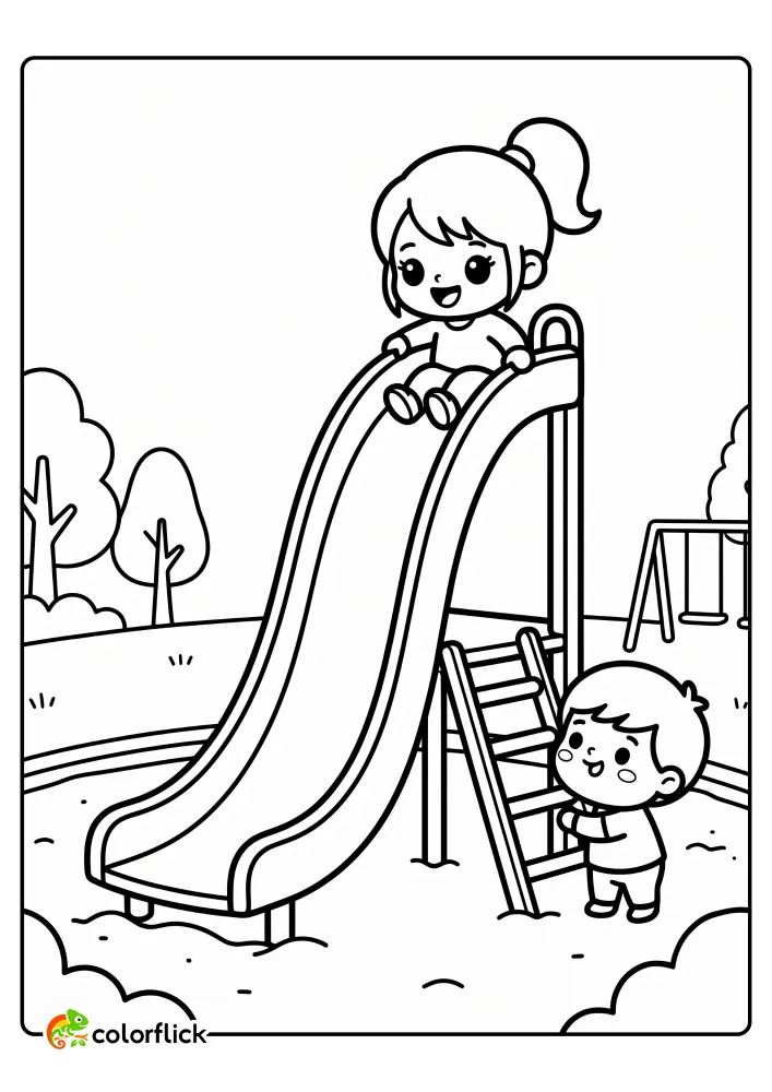 A printable coloring page for kids showing two children playing happily on a tall park slide. One child sits at the top ready to slide down, and another child waits at the bottom.