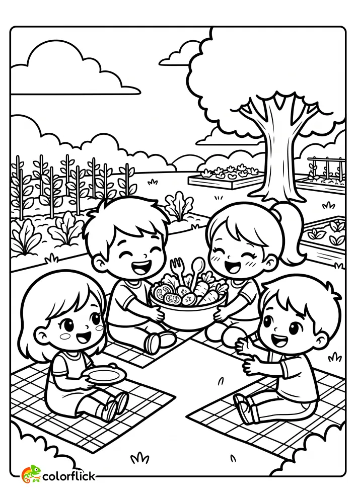A cute printable coloring page for kids featuring four children happily sharing a large bowl of fresh garden vegetable salad on a picnic.