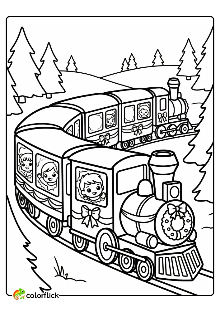 Cute children waving from a festive Christmas train on a free printable coloring sheet for kids.