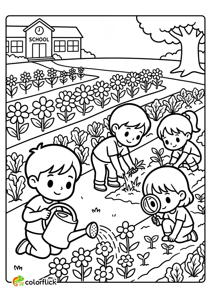 In this printable coloring page for kids, four adorable children are busy in their schoolyard community garden, with one child watering flowers, one pulling weeds, one checking sprouts, and another using a magnifying glass to inspect a plant.