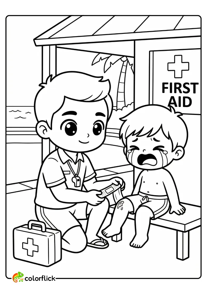 A caring lifeguard applying a bandage to a crying young boy's knee at a first aid station on the beach, free printable coloring sheet for kids.