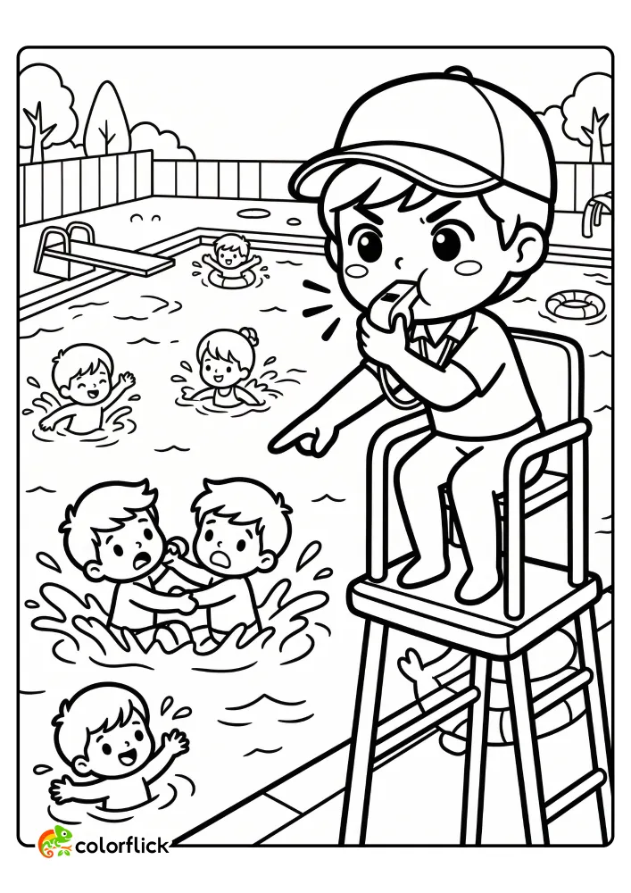 Printable coloring page for kids showing a lifeguard blowing a whistle and pointing at fighting swimmers in a busy pool.
