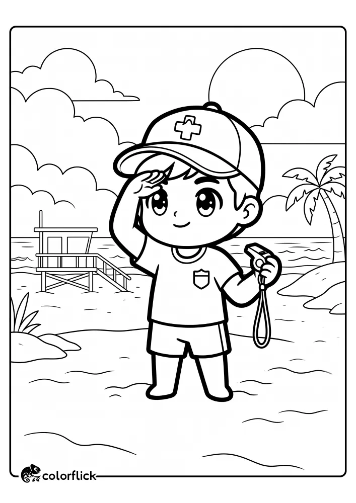 A printable coloring page for kids shows a boy lifeguard standing on the beach, wearing a cap, holding a whistle, and shielding his eyes to watch the waves, with a lifeguard tower and palm tree in the background.