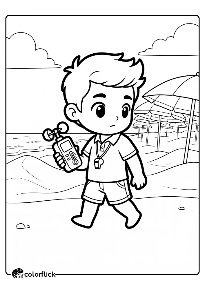 A fun and easy printable coloring page for kids featuring a young lifeguard walking on the beach while checking wind speed and temperature with a handheld weather meter, with beach umbrellas in the background.
