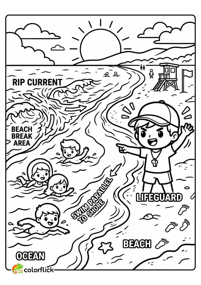Printable coloring page for kids showing a friendly lifeguard waving and directing a group of swimming children parallel to the shore, away from a rip current in the ocean.