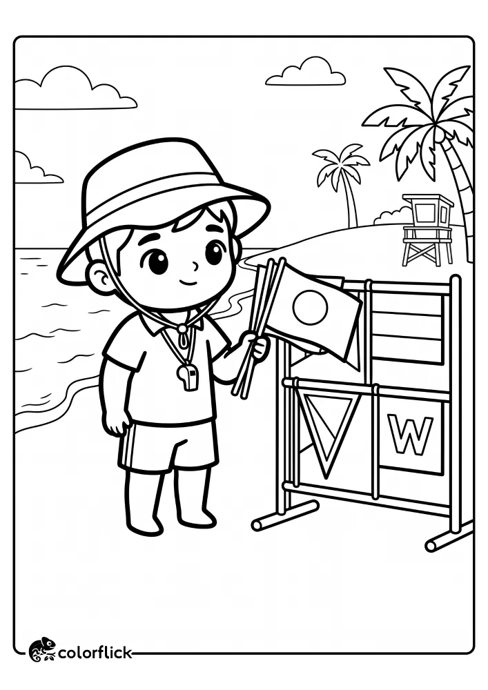 A printable coloring page for kids showing a cute cartoon lifeguard in a sun hat, holding a bunch of Japanese flags by a flag rack. He is on a beach with the ocean, palm trees, and a lifeguard tower visible in the background.