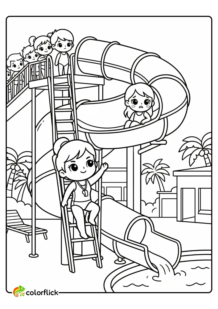 A cute lifeguard sits on a ladder near a crowded water slide with a rider inside and a long queue of kids at the top, printable coloring page for kids.