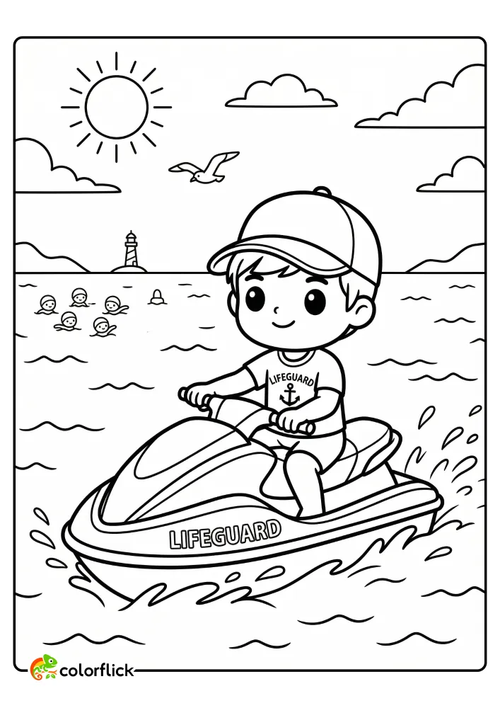 Cute lifeguard boy on a jet ski patrolling distant swimmers in the ocean, printable coloring page for kids.