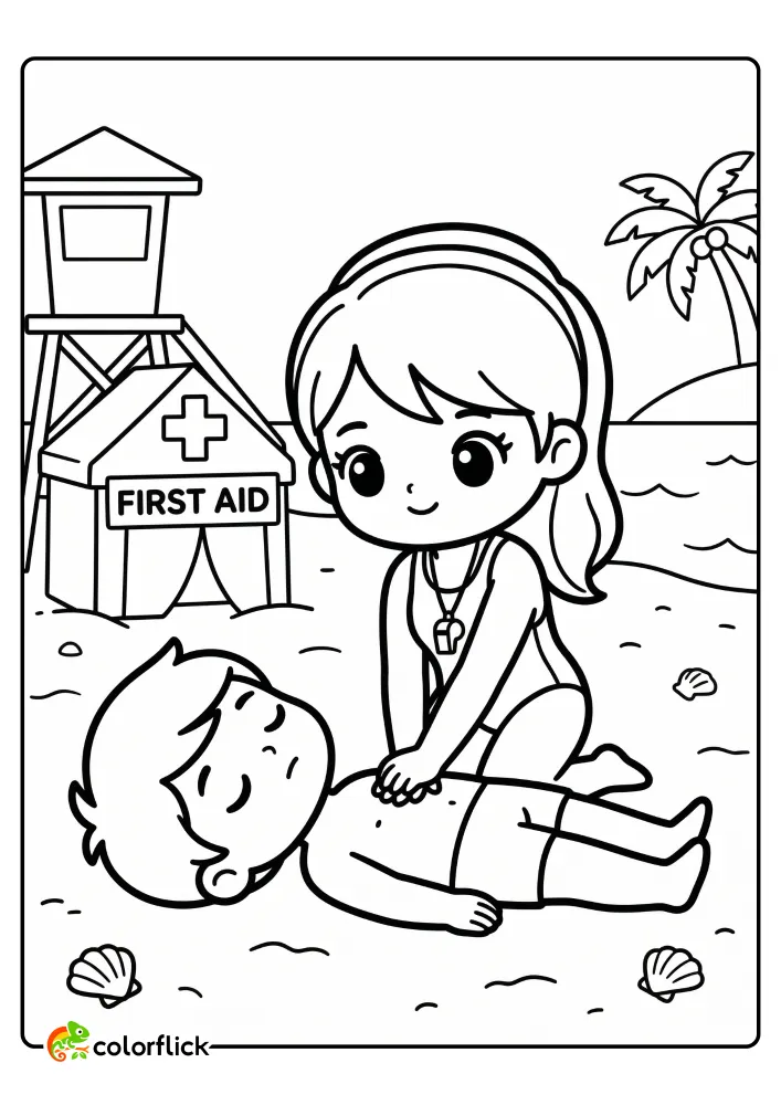 A cute lifeguard performing rhythmic chest compressions on an unconscious swimmer on the beach with a first aid area nearby, printable coloring page for kids.